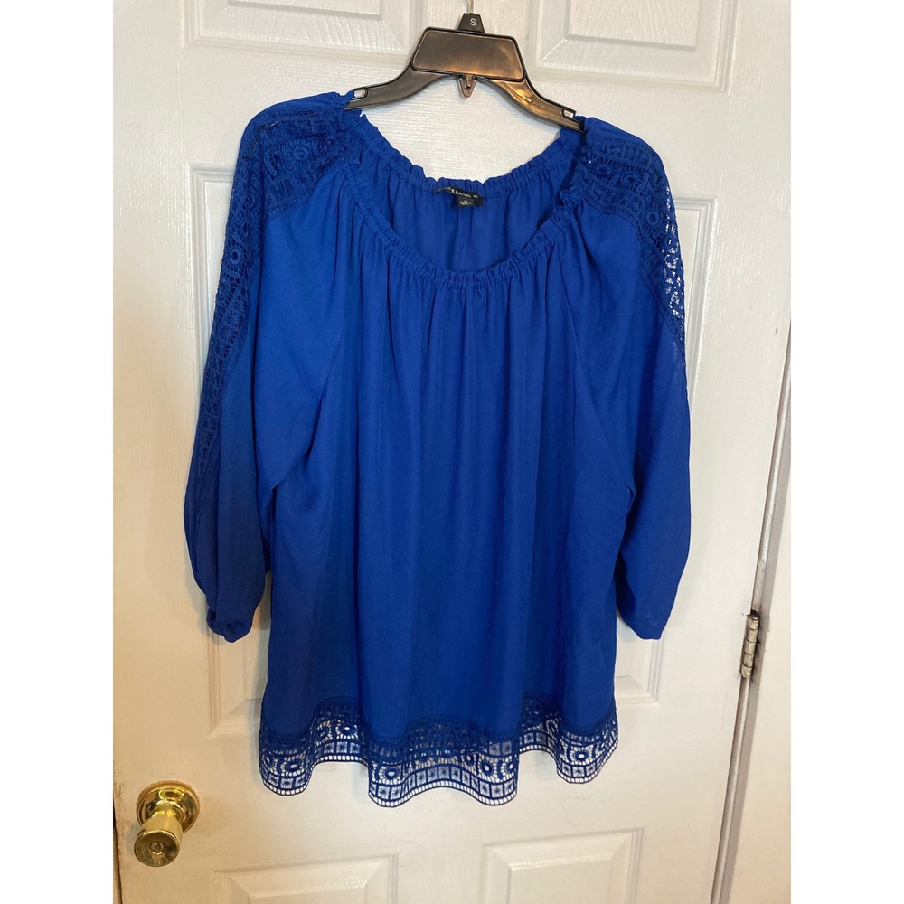 Zac & Rachel Woman Royal Blue Crochet Lace Peasant Blouse Top 1X Boho 3/4 Sleeve